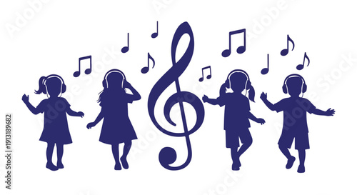 Group of happy children silhouettes wearing headphones, dancing with musical notes and a treble clef, symbolizing music education and fun learning.