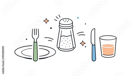 Dining table detail. A salt shaker shown as part of a minimal place setting, keeping the focus light and uncluttered. The mood is calm,