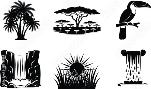 Black Silhouette Vector Set Featuring Tropical Palm Trees, African Savanna Landscapes, Exotic Toucan Bird, Majestic Waterfalls