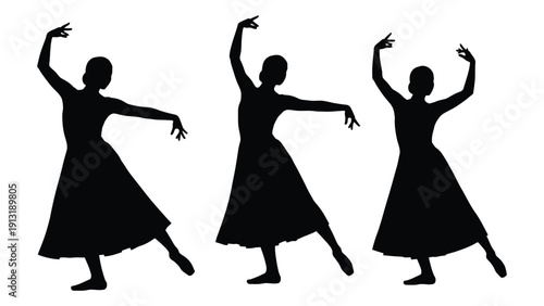 Three silhouettes of dancers in mid-movement with flowing dresses isolated on white background, Vector