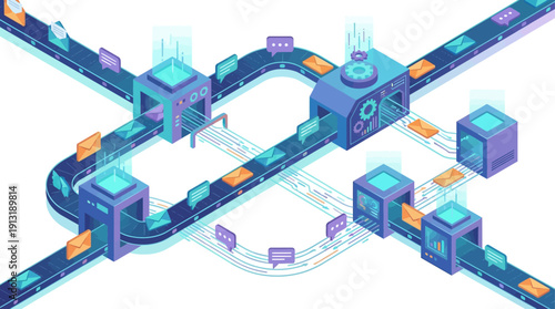 Isometric Contact Center SaaS Workflow Illustration with Automated Email and Chat Message Processing on Conveyor Belts for Customer Support, CRM Software, and Digital Data Management