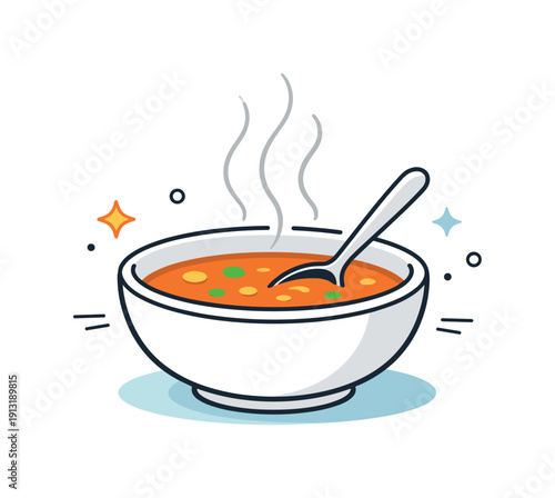 Soup bowl with spoon. A simple bowl of soup with a spoon resting inside, steam floating upward in smooth lines. The scene conveys quiet