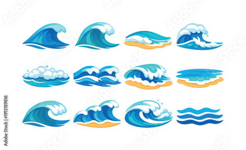 Beach waves. Colorful flat vector icons set of beach waves: ocean swell, curling wave, gentle surf, breaking wave, foamy tide, rolling surf
