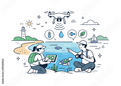 Drones used for environmental conservation. A friendly scene illustrating coastal or marine monitoring, with a drone mapping shorelines and