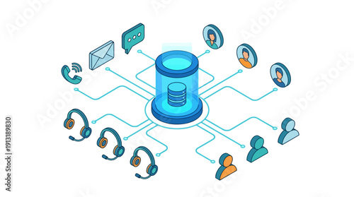 Isometric Contact Center SaaS Platform for Customer Support, Blue Cloud Help Desk Software with Remote Agents and Omnichannel Communication Icons, Digital Hub for CRM and Technical Assistance