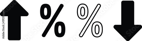 Collection of black percentage signs and up or down arrows indicating growth or decline metrics
