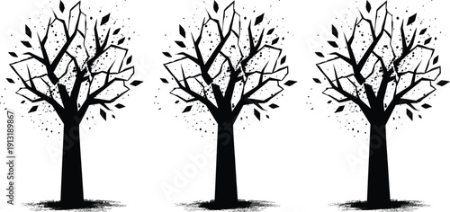 Abstract tree silhouette with geometric cracked leaves and splatters, forest nature plant design, cad drawing flat vector illustration for environment and ecological concepts