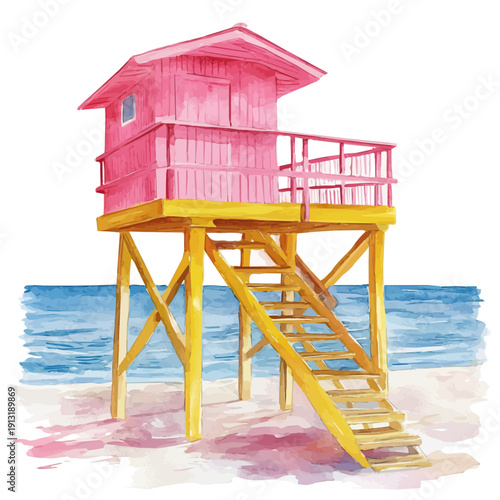watercolor of Lifeguard Tower Beach View, vector, isolated on a white background.