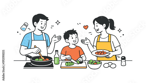 Preparing meals together. A family happily cooking a simple dish, exchanging smiles and gestures, creating a warm and balanced home