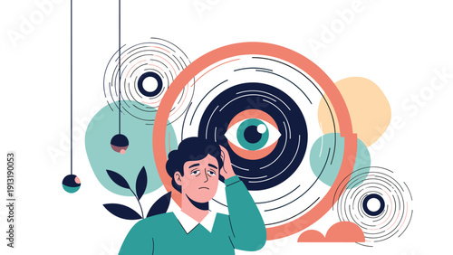 Psychological concept of confusion and mental health features a man under stress with abstract circular patterns and a large eye.