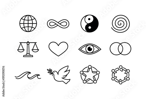 Universal Symbols. Line icon set of Universal Symbols: globe icon, infinity sign, yin yang, spiral pattern, balance scale, open heart, all