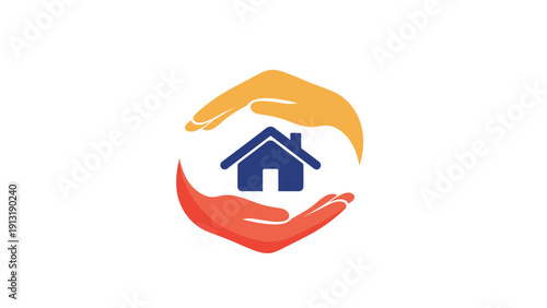 Protective hands forming a circle around a simple house icon represent real estate insurance and home security services.