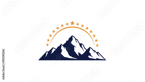 Majestic mountain range silhouette with a semi-circle of stars above the peaks creates a professional and grand corporate logo.
