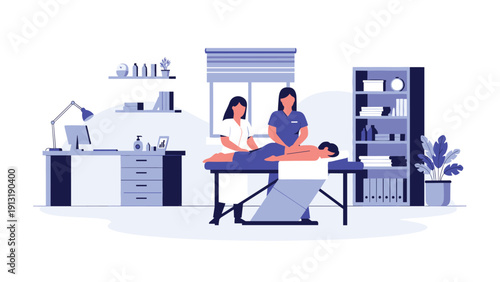 Professional physiotherapy session in a modern clinic shows two therapists treating a patient on a massage table for recovery.