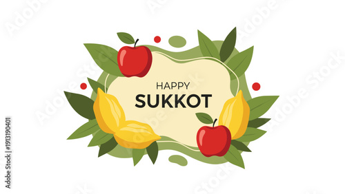 Jewish holiday celebration for happy sukkot features a decorative frame with ripe apples, lemons, and green leaves in a flat design.