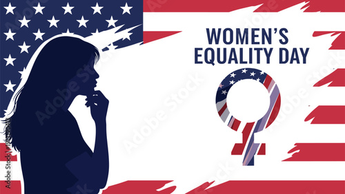 Celebratory illustration for Women's Equality Day featuring a female profile silhouette and the Venus symbol set against the American flag.