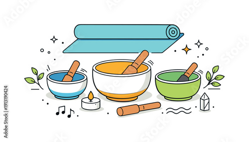 Sound Bath Serenity. Sound bath tools. Singing bowls with wooden strikers arranged on a floor with a yoga mat background, implying relaxation and energy