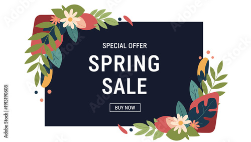 Elegant spring sale promotional banner featuring a dark background framed by beautiful colorful flowers and green leaves.