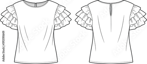 White blouse with ruffled sleeves and back zipper fashion clothing garment front view