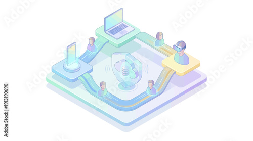 Isometric SaaS Contact Center Illustration with Cloud Security Shield and Remote Team Communication Network, Pastel Vector Style for Software Landing Pages and Business Presentations
