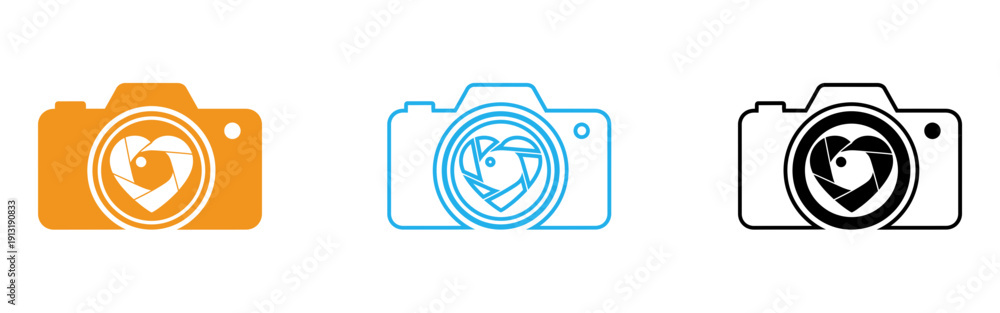 Εκτύπωση καμβά Vector camera icons with heart shaped lens in orange, blue and black on transpar