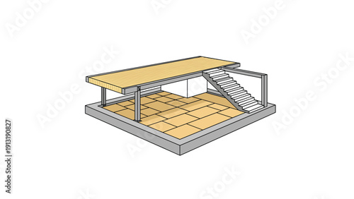 Technical architectural drawing of a building structure showing a mezzanine floor with stairs and structural columns on a foundation.