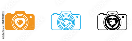 Vector camera icons with heart shaped lens in orange, blue and black on transparent background