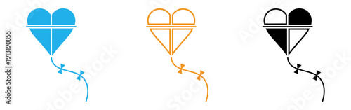 Three heart shaped kites in blue, orange and black colors, isolated on transparent background