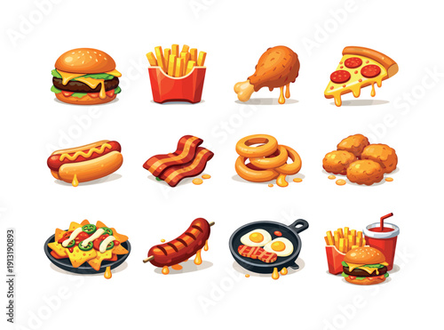 Greasy food. Colorful flat vector icons set of greasy food: cheeseburger dripping sauce, french fries, fried chicken leg, pepperoni pizza