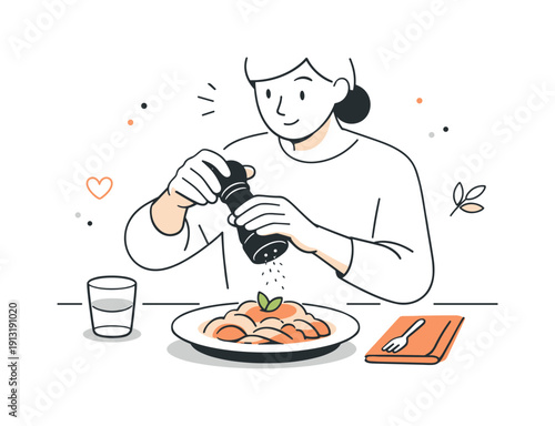 Pepper grinder. Person seasoning a dish at the table, grinder held gently above the food. Quiet moment of care and attention to flavor.