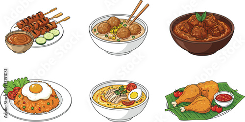 Cute Cartoon Asian Food Icons Vector Set with Ramen Curry Fried Rice Sushi Egg Noodle Bowls Chopsticks for Japanese Korean Chinese Cuisine Illustrations
