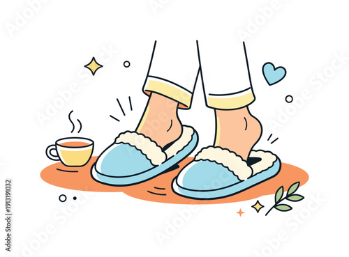 Cozy Slippers Illustration. Comfort at home concept. A close-up editorial scene focusing on feet sliding into slippers, emphasizing softness and relaxation.