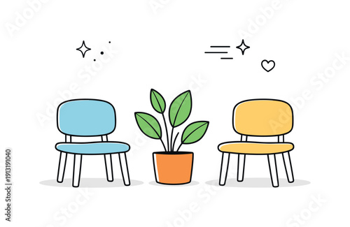 Minimal interior stillness. A waiting room corner with two empty chairs and a potted plant, peaceful and balanced composition. Calm lifestyle