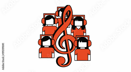 Stylized group of people in orange shirts and headphones around a red treble clef, symbolizing a choir or music ensemble. Flat vector graphic.