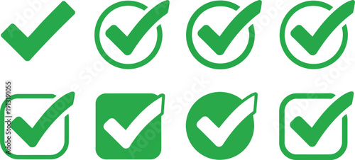 Collection of eight green checkmark icons featuring various outlines and solid shapes for user interface
