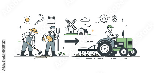 From hand tools to machines. Farmers using both traditional tools and early mechanical equipment, illustrating progress and innovation in
