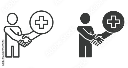 Outline and solid icons showing a person shaking hands with a medical cross