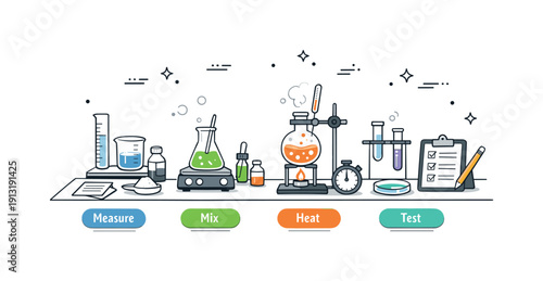 Experimental setup. Laboratory benches with beakers, flasks, and soft indicator labels showing preparation stages. Controlled process and