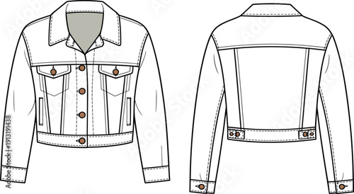 White denim jacket front and back view with brown buttons