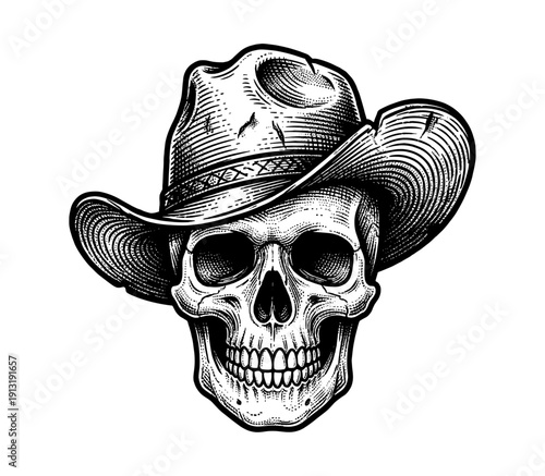 Skull wearing cowboy hat in engraved illustration style