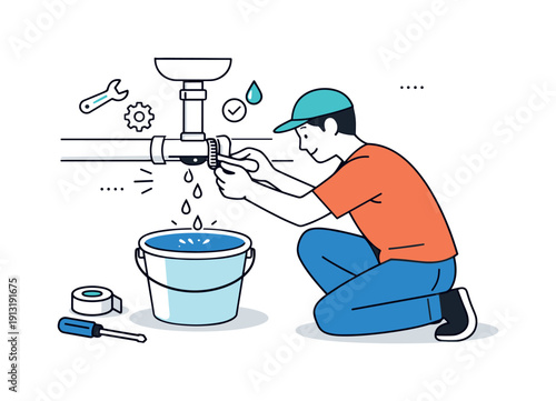 Home plumbing repair. A leaking pipe with a bucket underneath while a person applies a simple fix, water flow reduced to gentle drops. The
