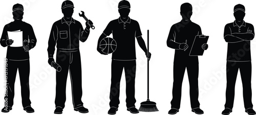 Black silhouettes of diverse professional workers including mechanic, janitor, coach, and technician, isolated on white background for industrial labor concept.