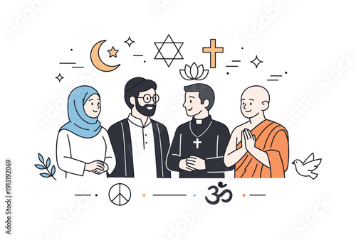 Religious tolerance and coexistence. People of different faiths standing together calmly, sharing a respectful moment with subtle symbols