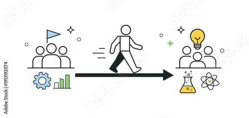 Abstract lateral career move. Geometric human shape moving along a horizontal arrow between icons like teams or departments. Clean metaphor
