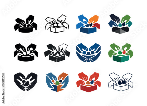 Making a family time capsule to open in the future. Icon set. Set Logo of Making a family time capsule to open in the future: family hands