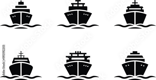Diverse black ship icons depicting various vessels navigating through ocean waves