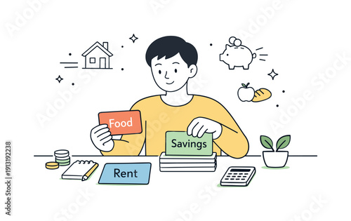 Managing cost of living. A calm scene with a person setting financial priorities using cards labeled rent, food, savings. Sense of control