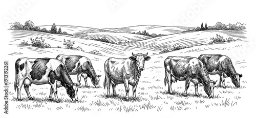 Herd of cows grazing in a pastoral landscape