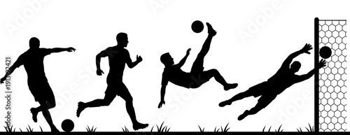 Soccer match players and goalkeeper action silhouettes