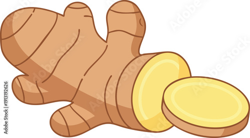 A Close-Up Illustration of a Fresh Ginger Root with One Slice Cut Off, Showcasing its Distinctive Texture and Color